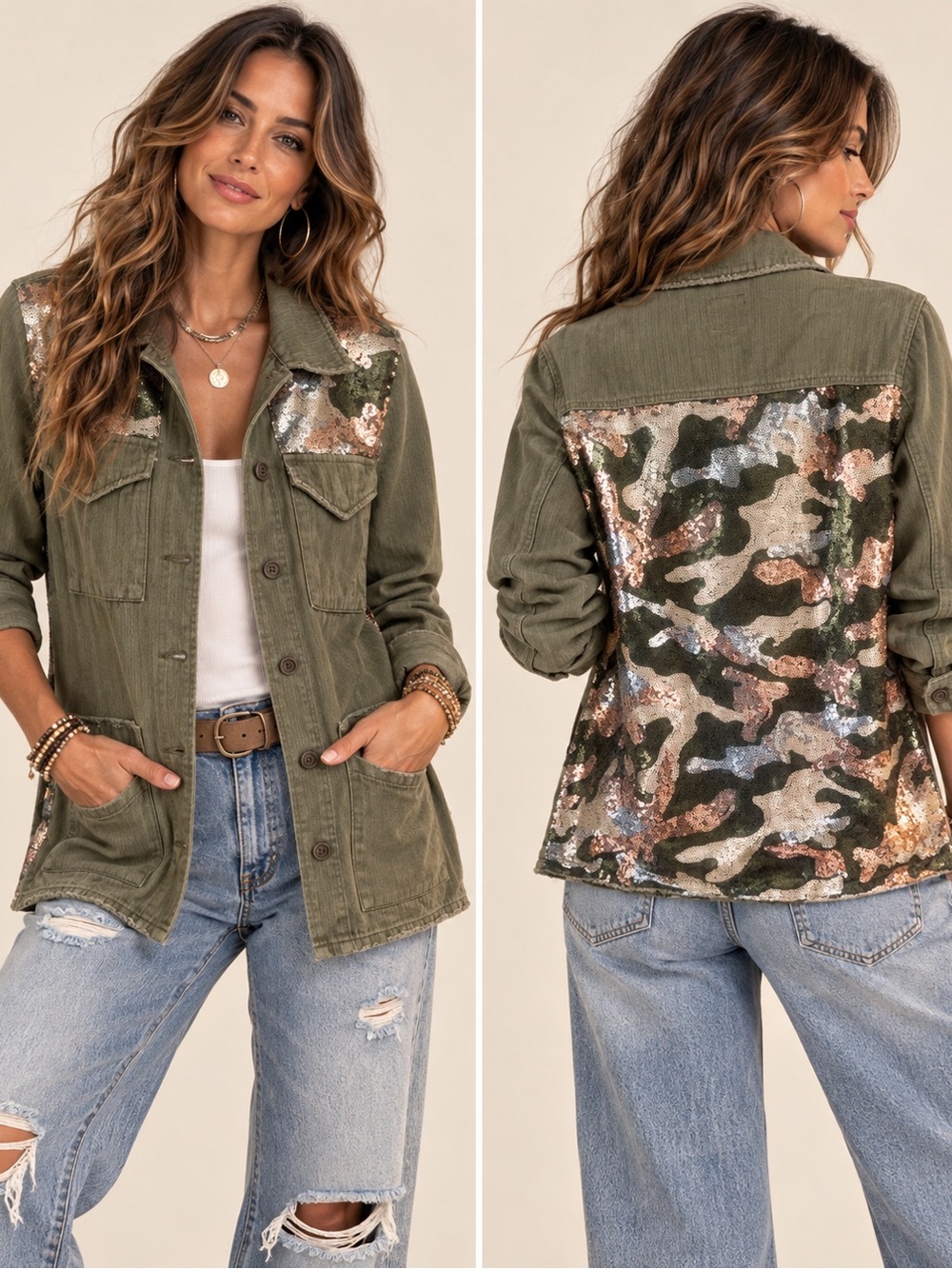 One 5 One Sequin Camo Utility Jacket - Olive